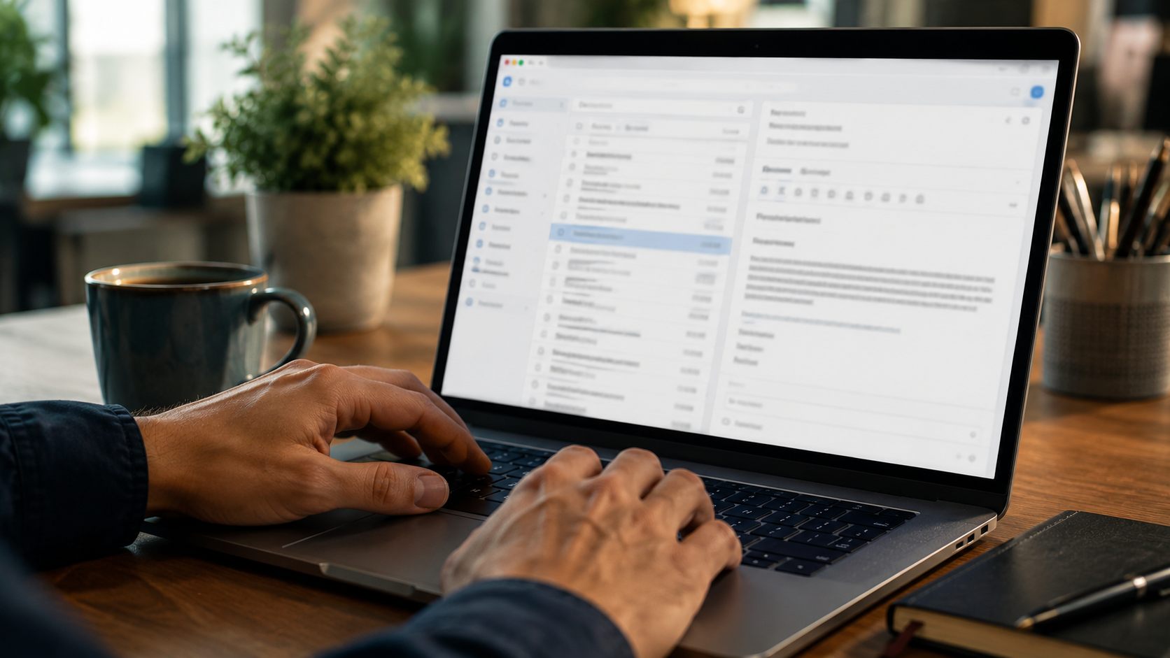 Psaní e-mailu s pomocí AI na notebooku v kanceláři